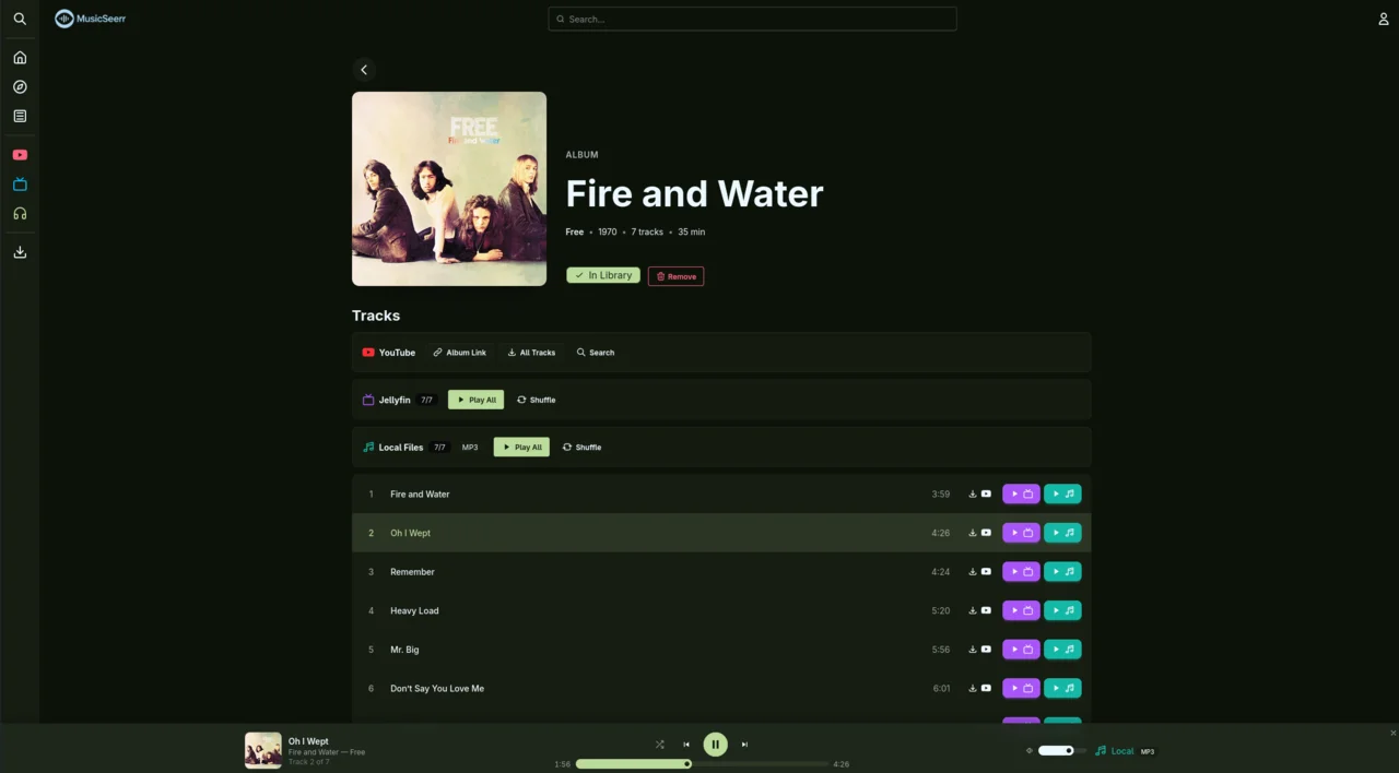 MusicSeerr album detail page with track listing