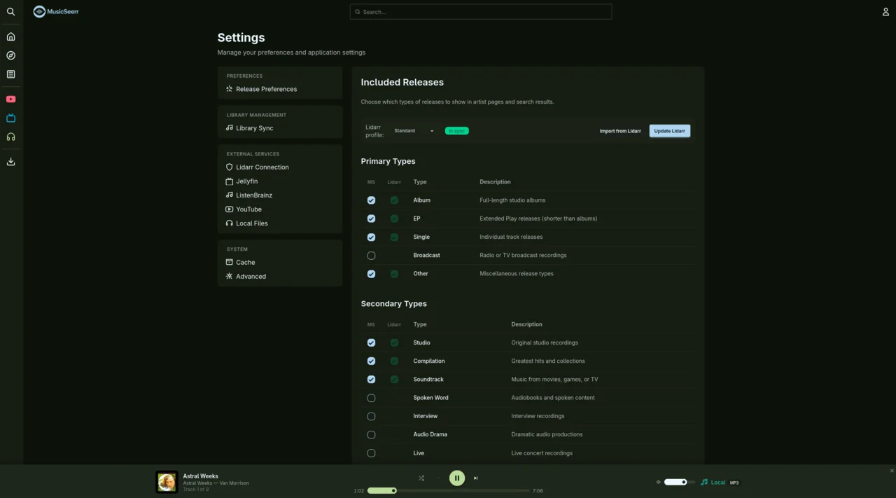 MusicSeerr settings and configuration panel